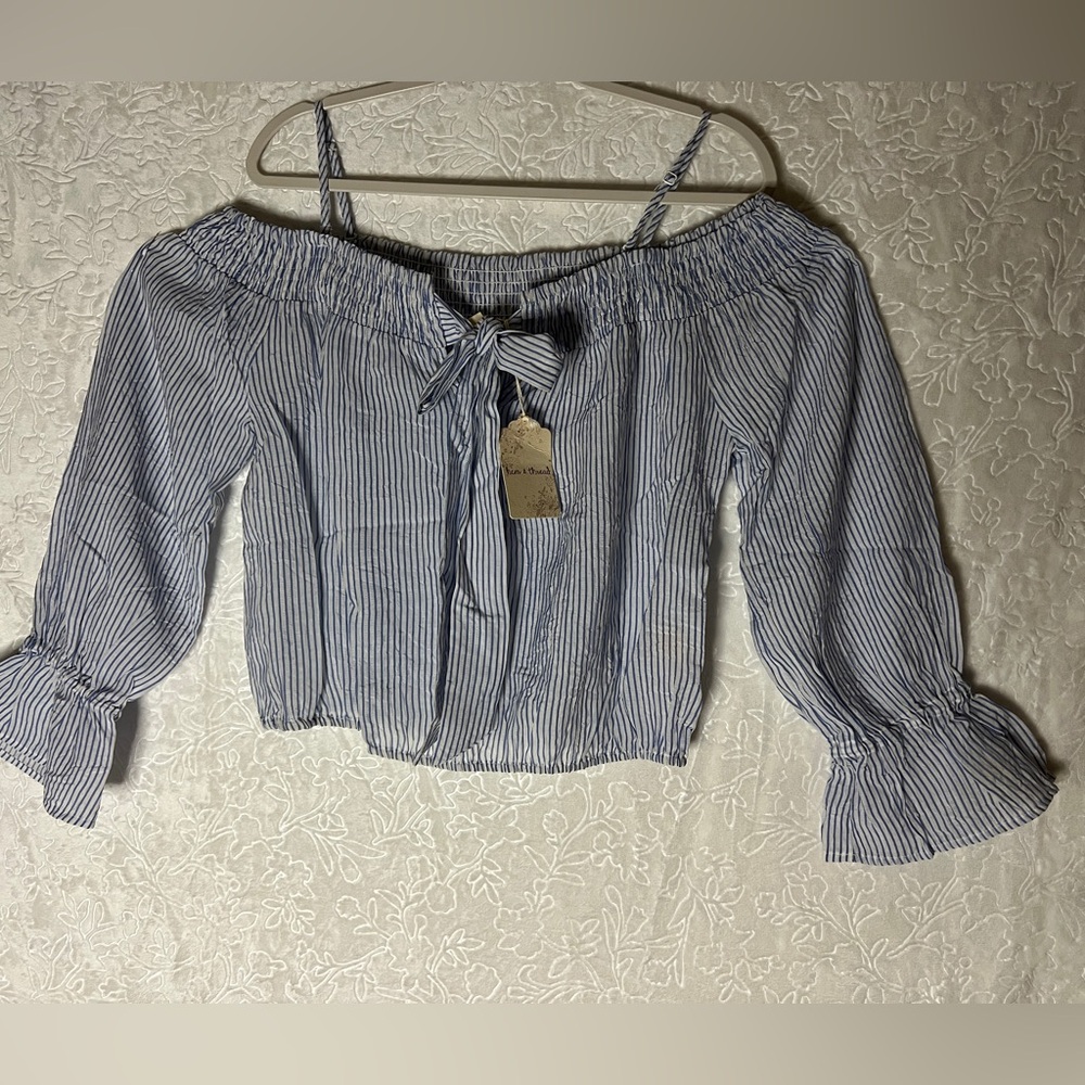 Hem & Thread Blue and White Striped Off-Shoulder Crop Top